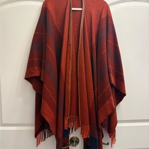 Hermes Rocabar Red Orange and Blue Striped Poncho with Leather Trim One Size